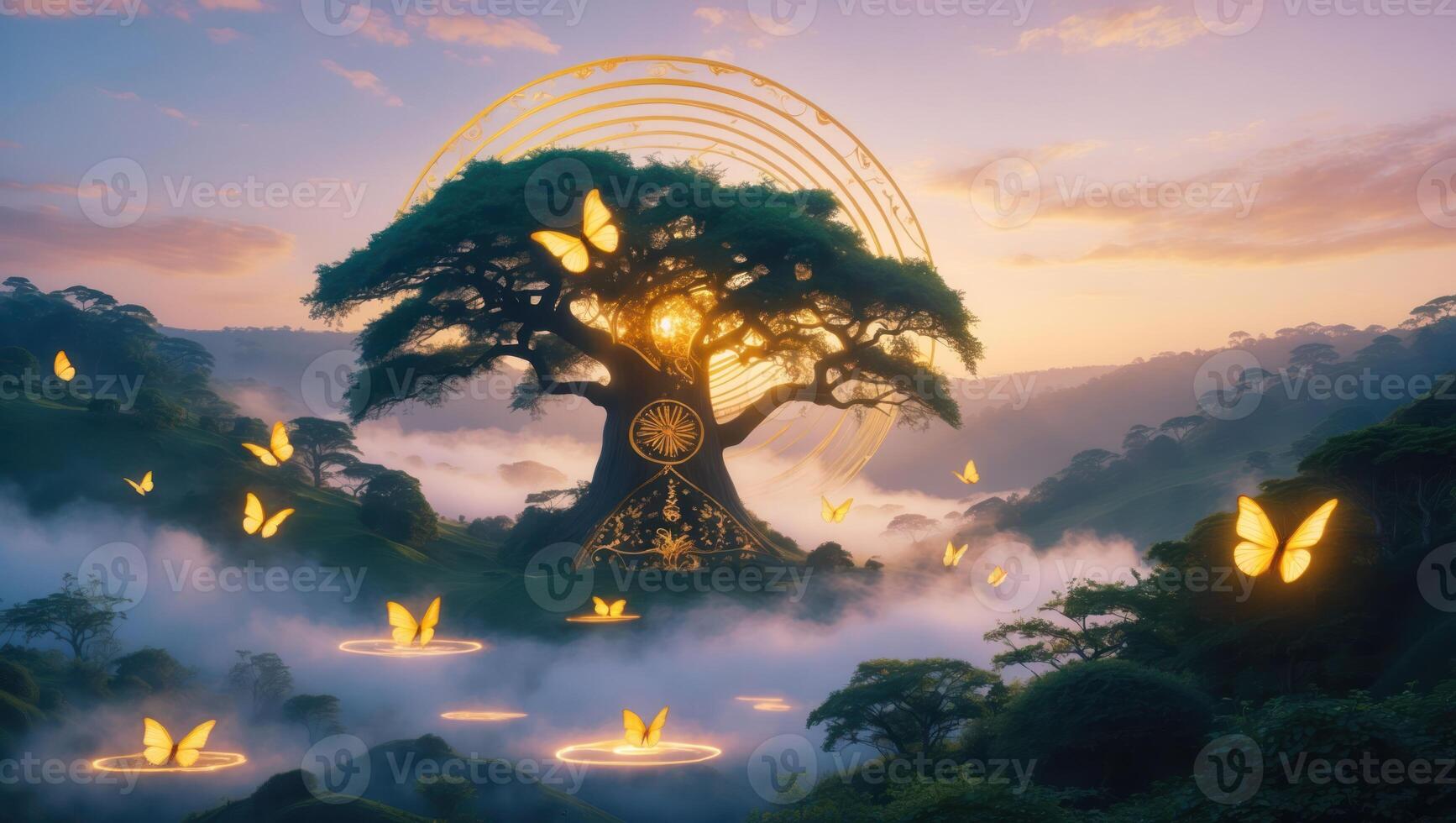 Magical Tree Landscape with Glowing Butterflies and Misty Valley photo