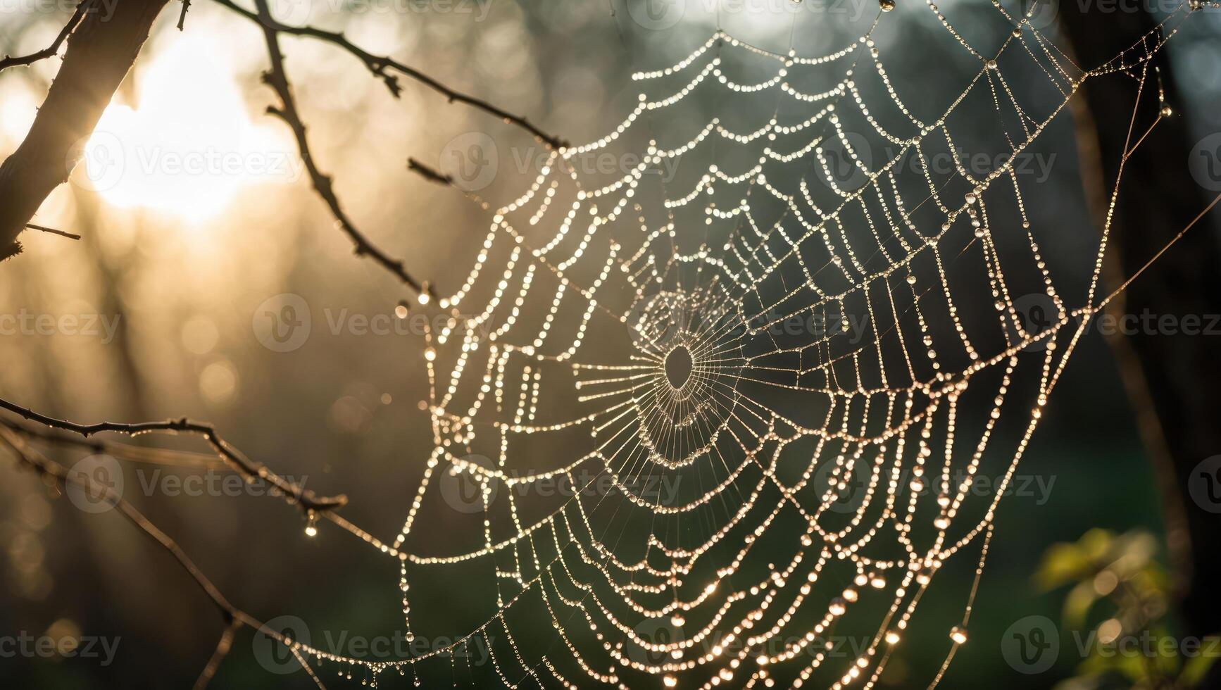 Spiderweb Covered in Dew Drops with Sun Shining Through photo