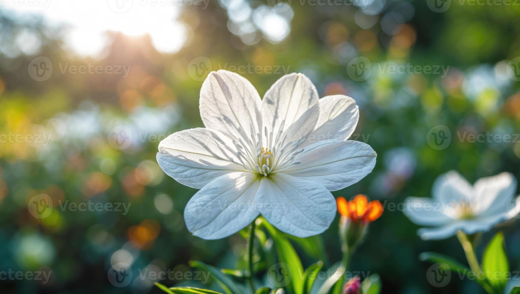Blooming White Flower in Garden with Sunlight Streaming Through Trees photo
