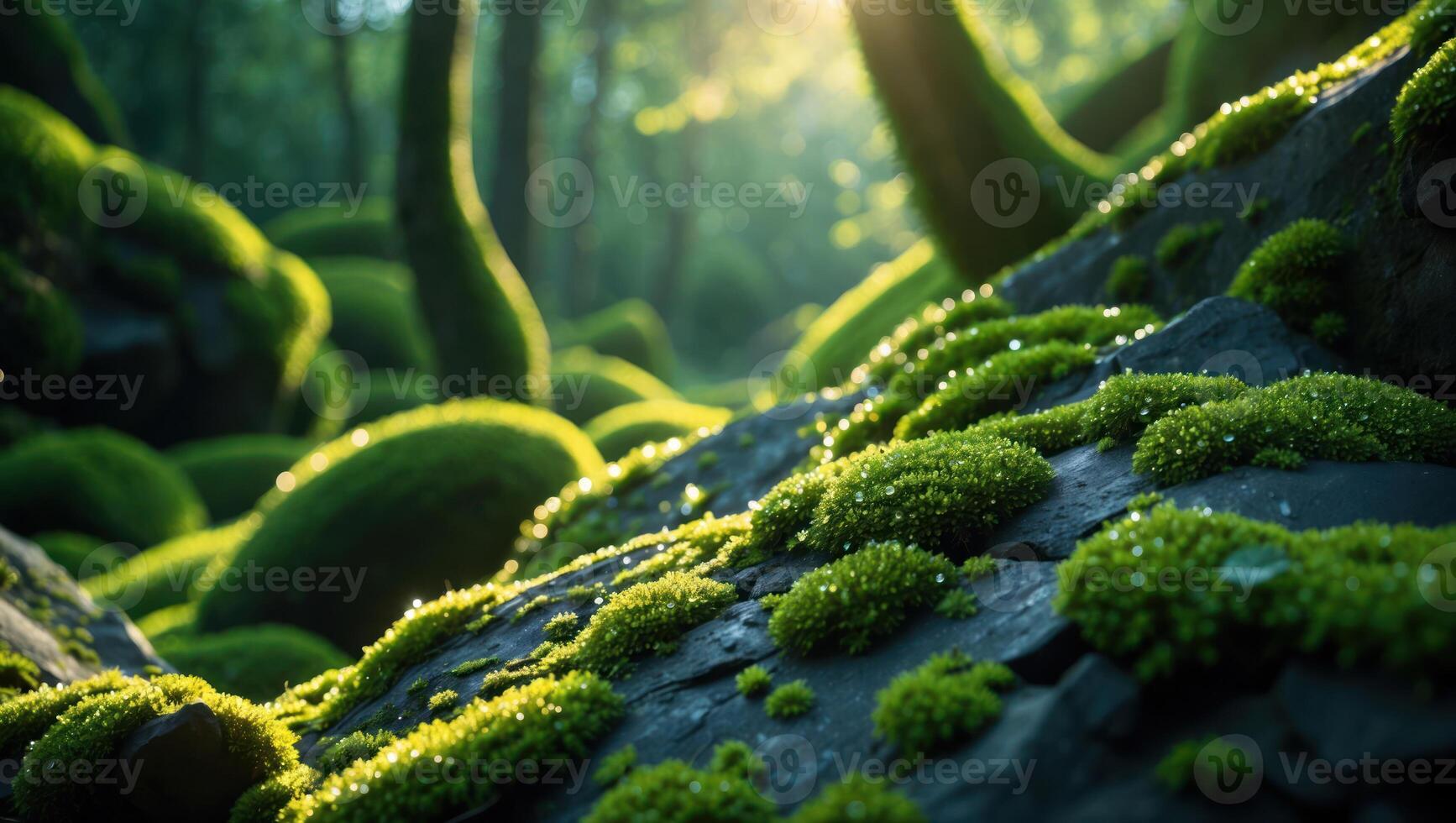 Moss Covered Rocks in Forest with Sunlight Streaming photo