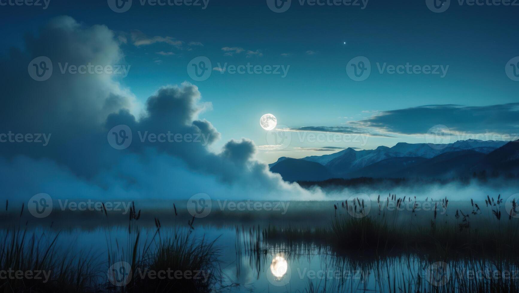 Moonlit Lake Night with Fog and Mountain Scenery photo