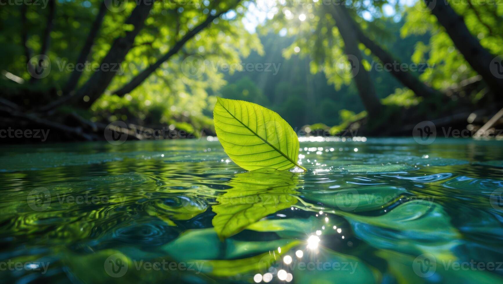 Leaf Floating on Water in Forest with Sunlight photo
