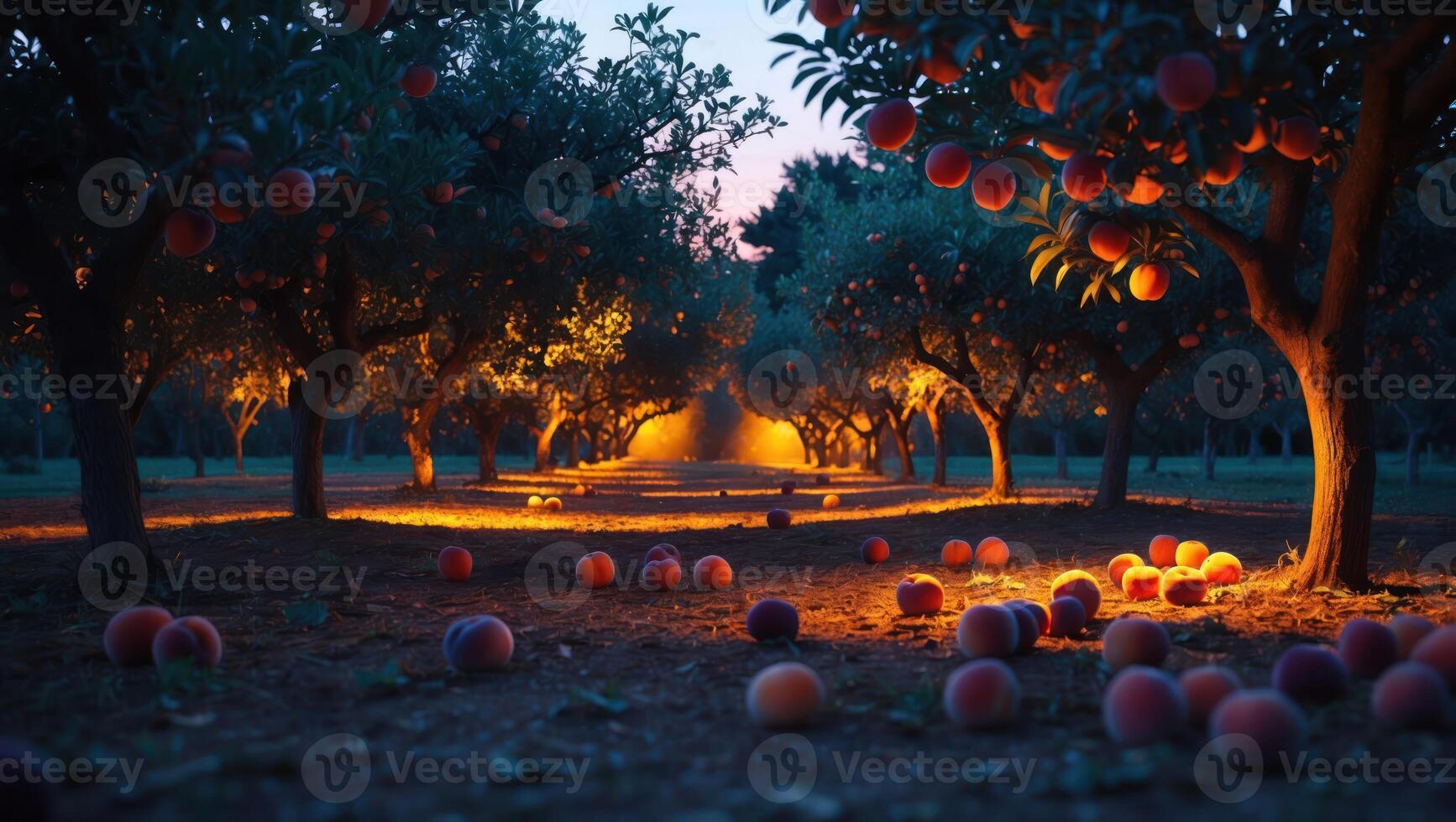 Peach Orchard at Dusk with Ripe Fruit on Ground photo