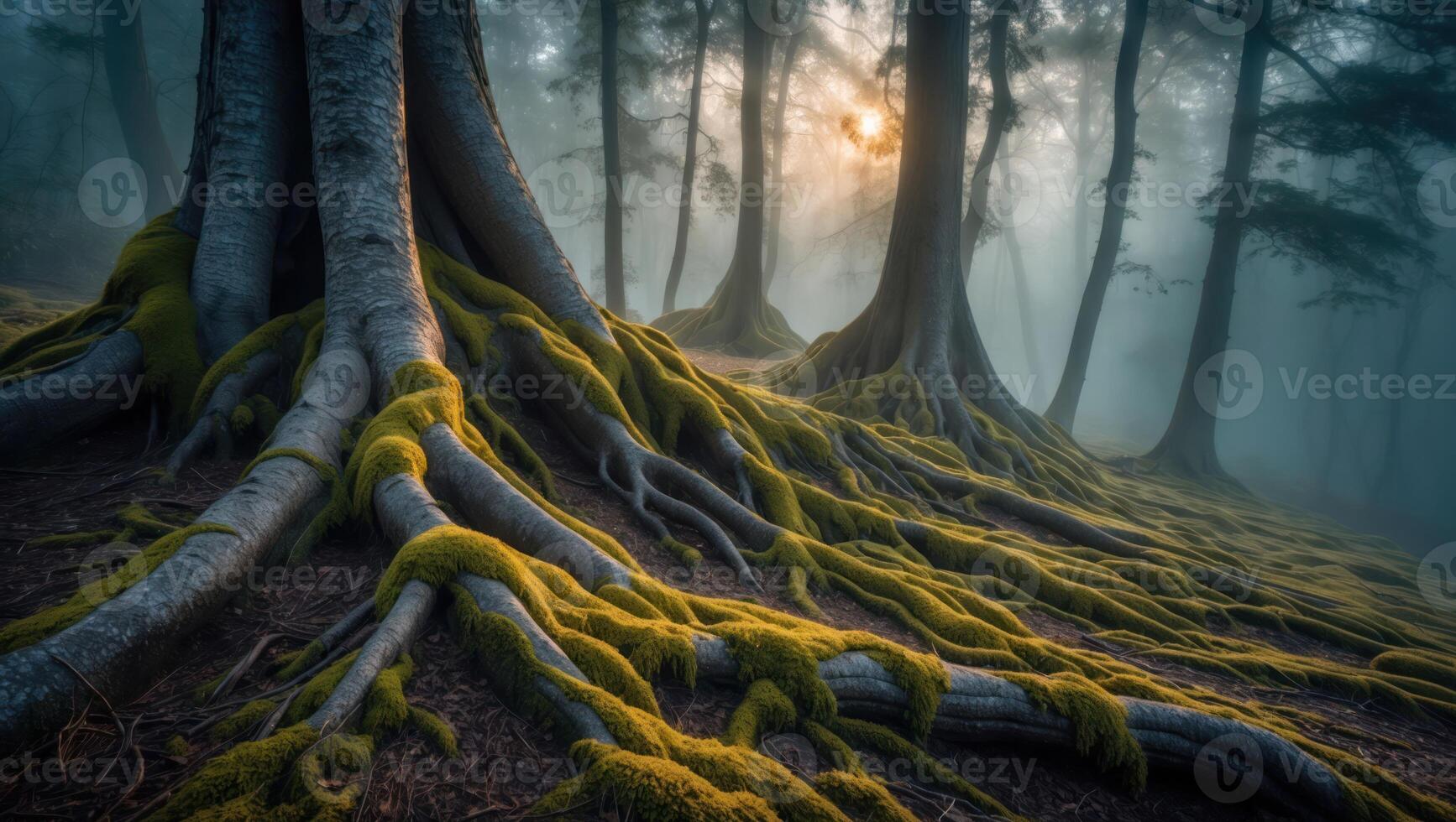 Foggy Forest with Mossy Tree Roots at Sunrise photo