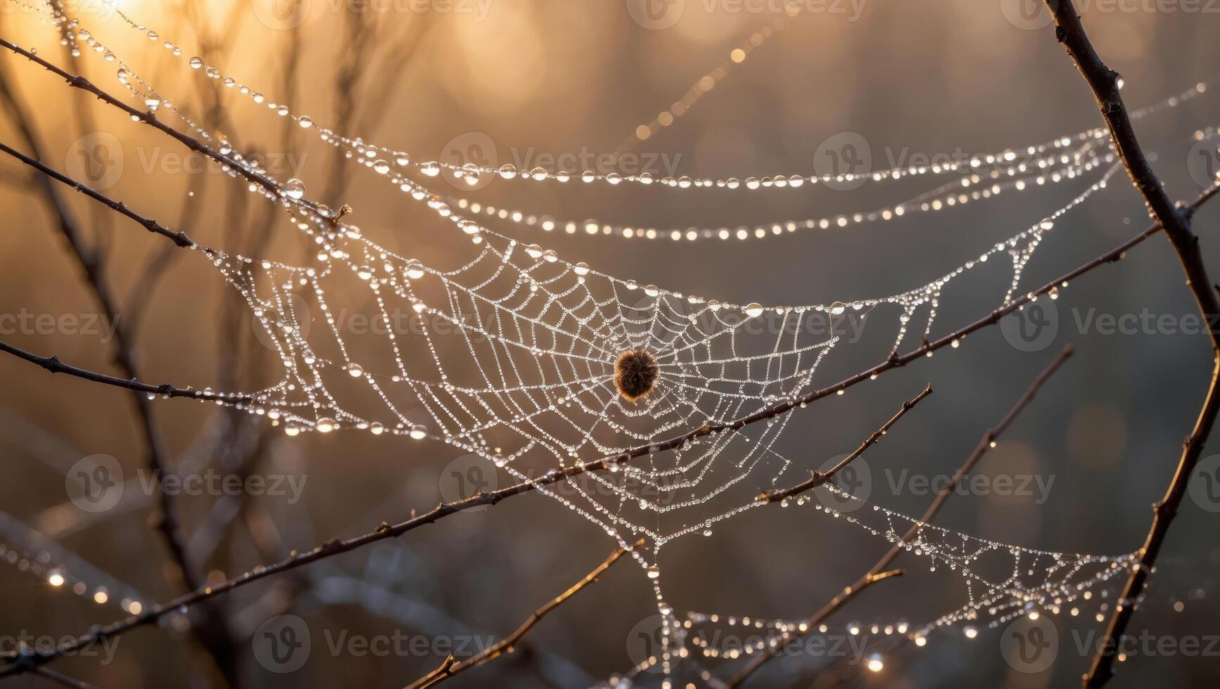 Spiderweb with Dew Drops on Twigs in Morning Light photo