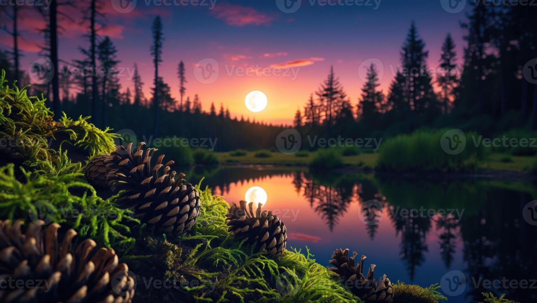 Pine Cones and Forest Lake Reflecting Sky at Twilight photo
