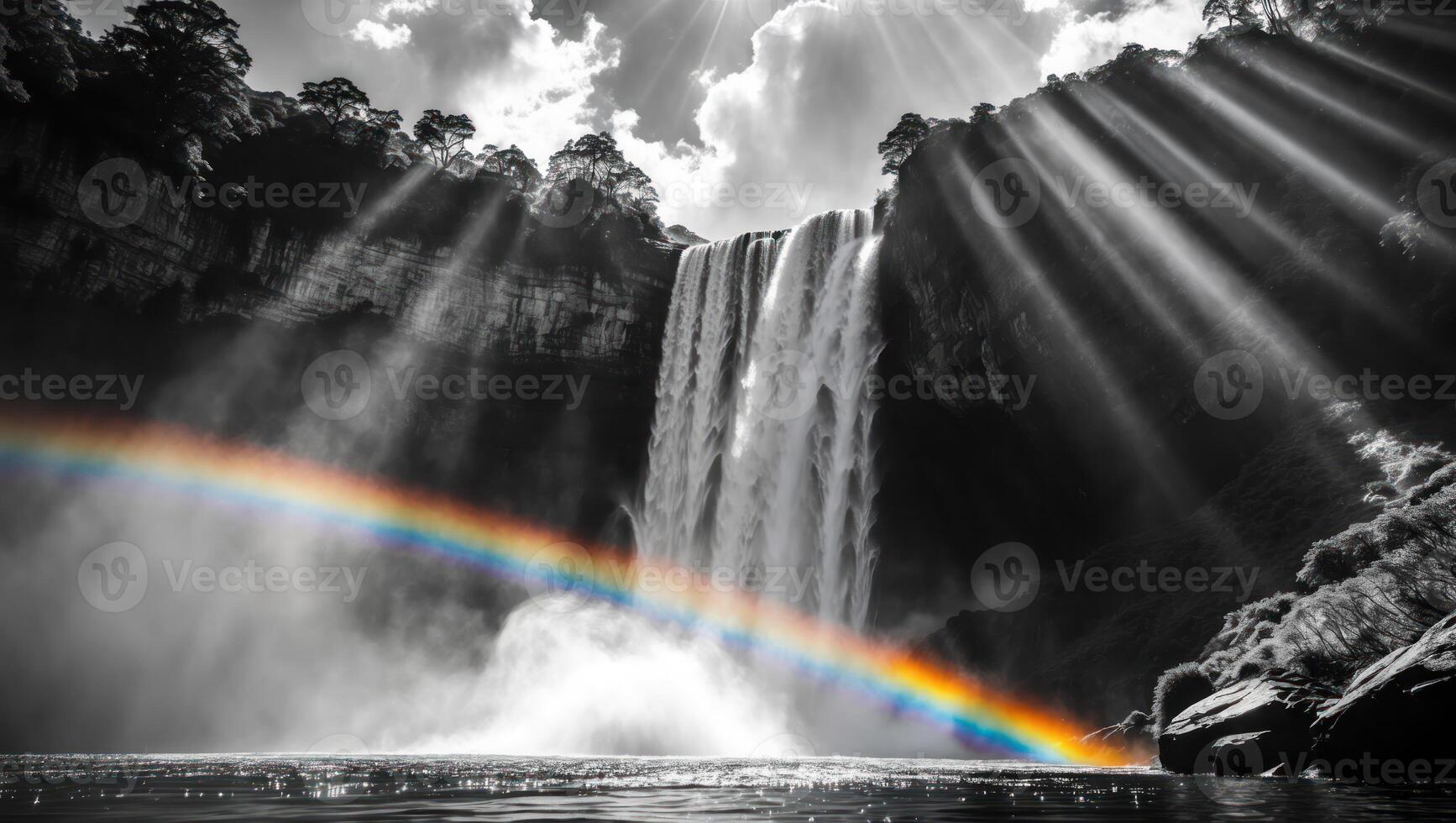 Waterfall with Sunlight and Rainbow Landscape photo