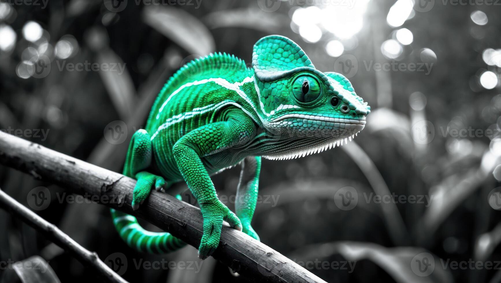 Green Chameleon Perched on Branch Looking Right photo