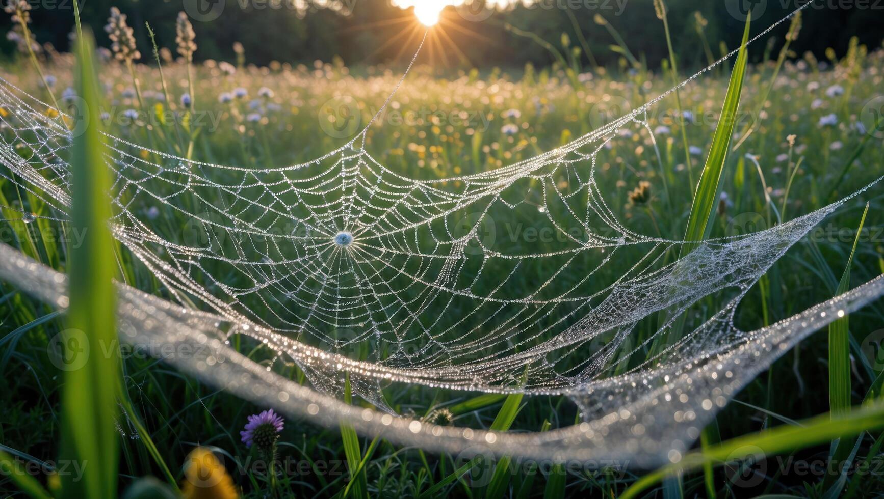 Spiderweb Covered in Dew Drops in a Field at Sunrise photo