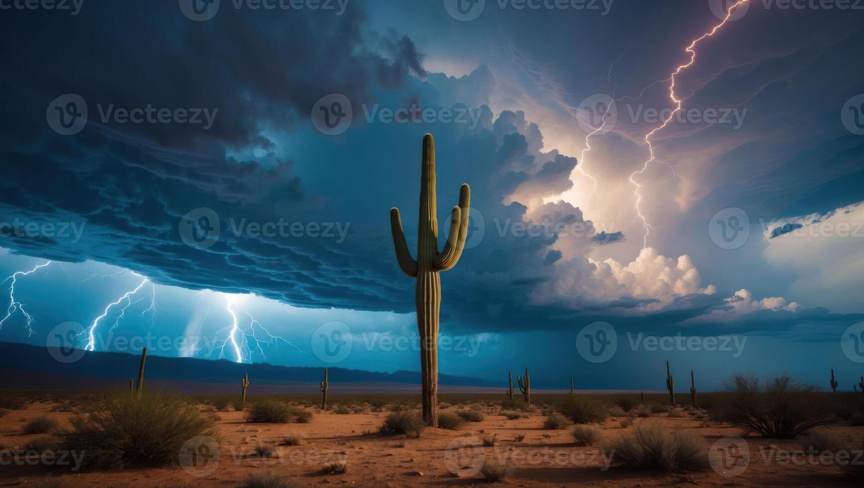 Cactus in Desert Under Dramatic Lightning Storm photo