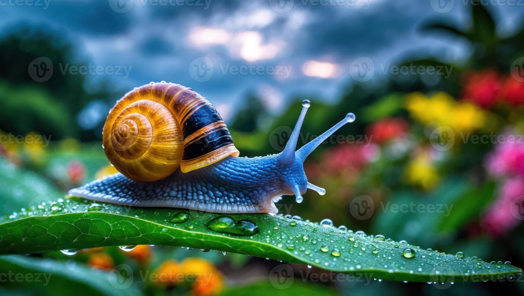 Snail Crawling on Leaf with Water Droplets in Garden photo