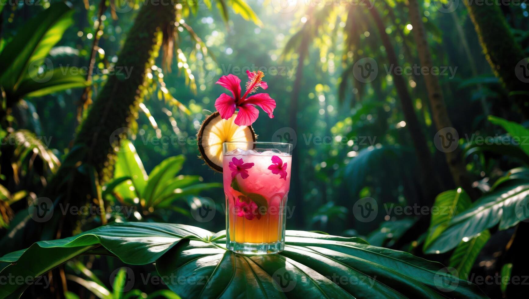 Tropical Drink in Jungle Setting with Flower Garnish photo