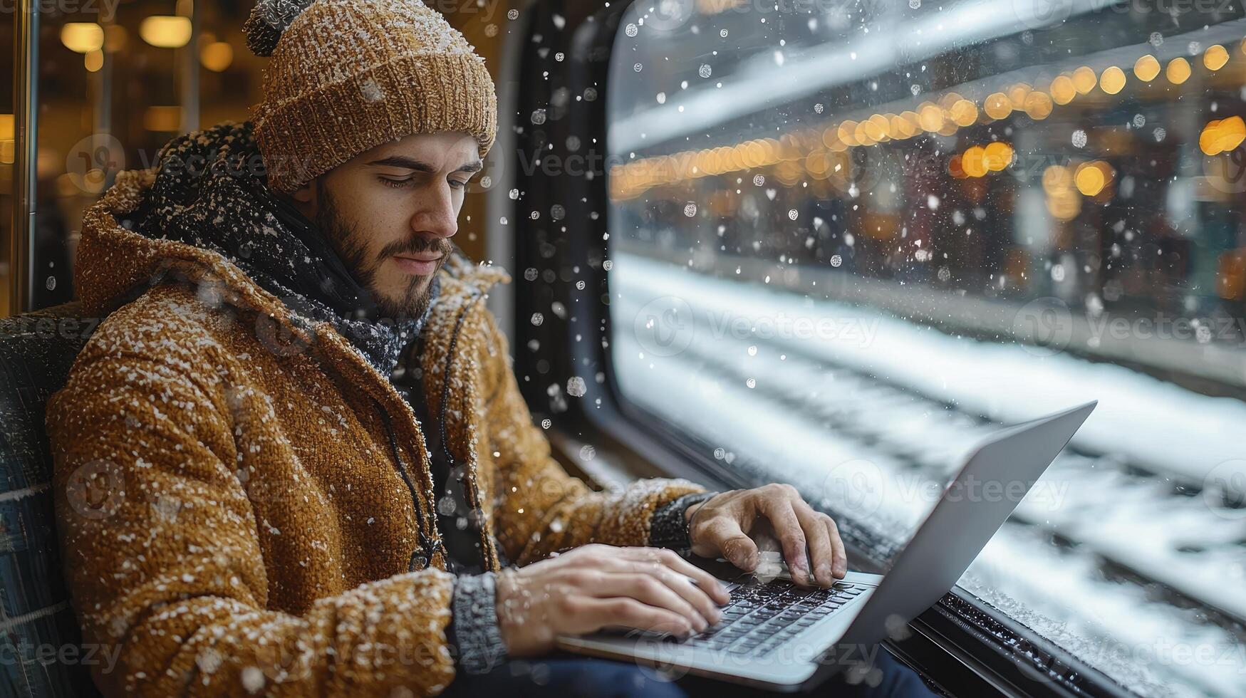 A man in a winter coat and hat sitting on a train using a laptop photo