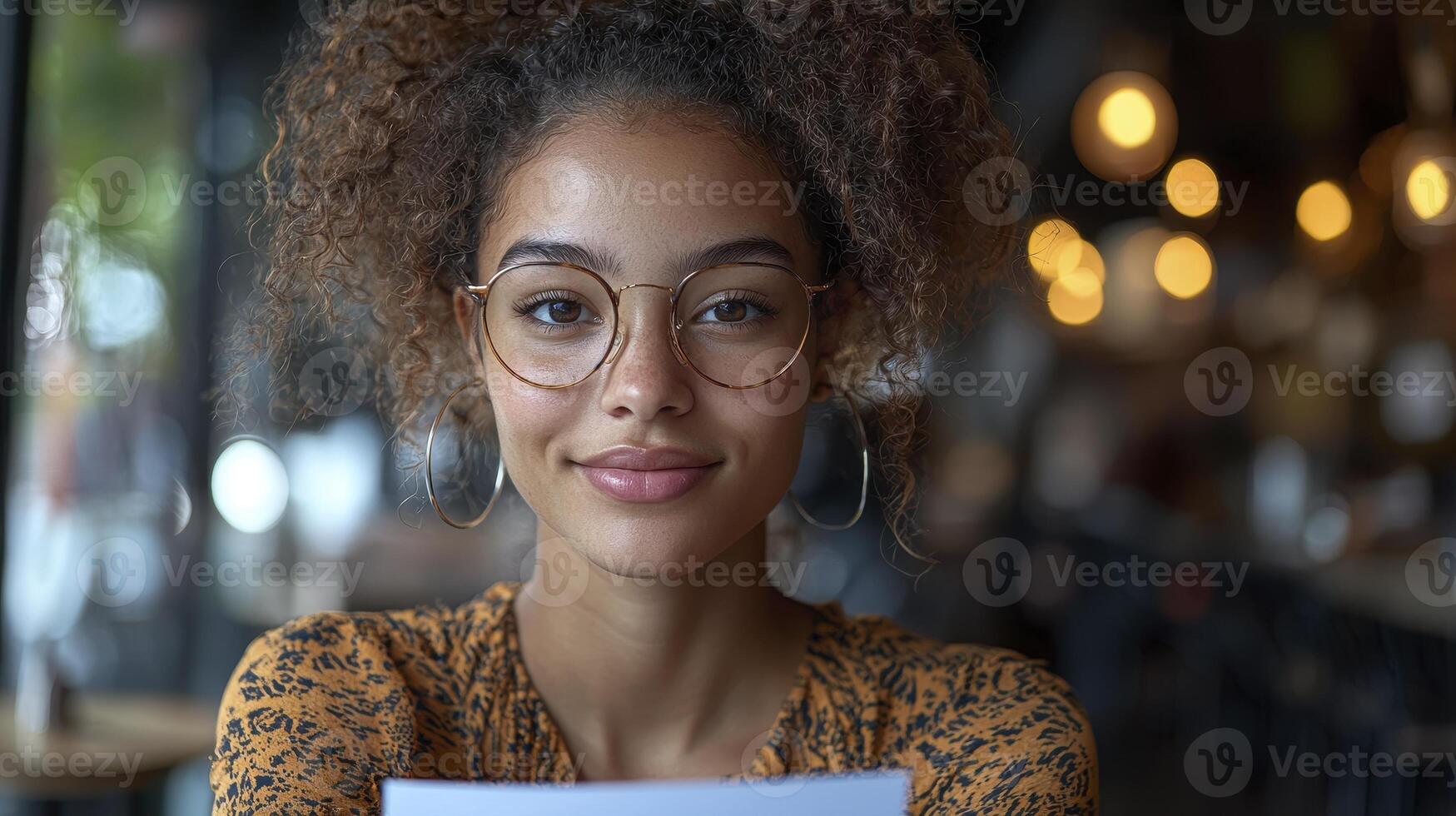 A woman with glasses holding a piece of paper photo