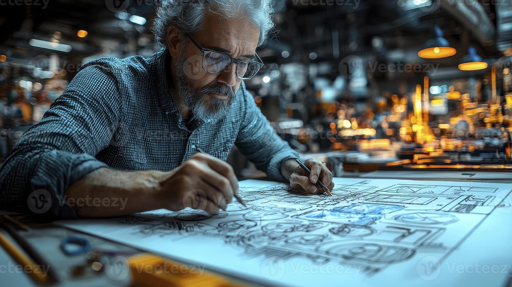 A man is working on a drawing in a workshop photo