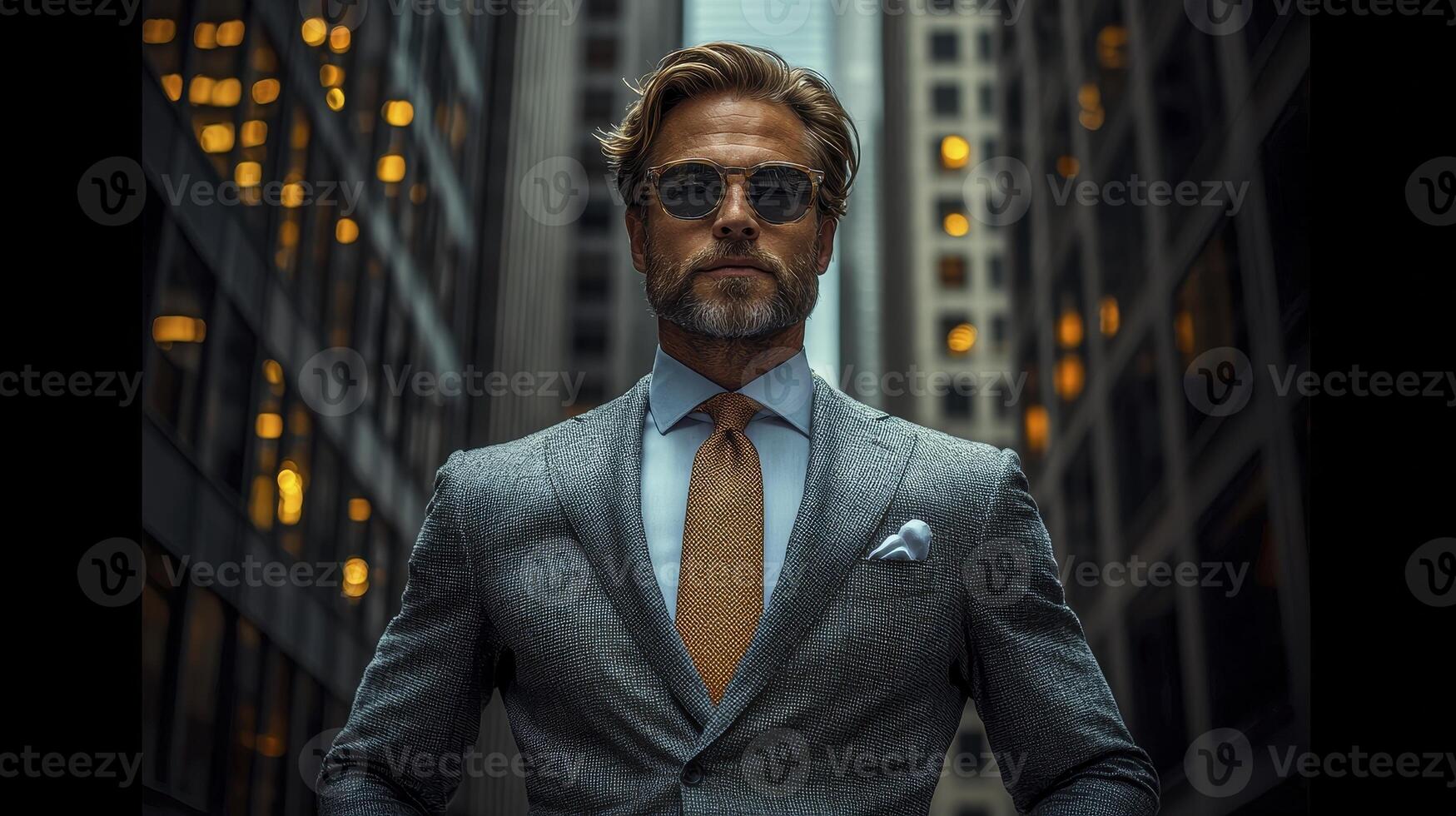 Business Executive Standing Confidently in Urban Environment with Modern Architecture photo