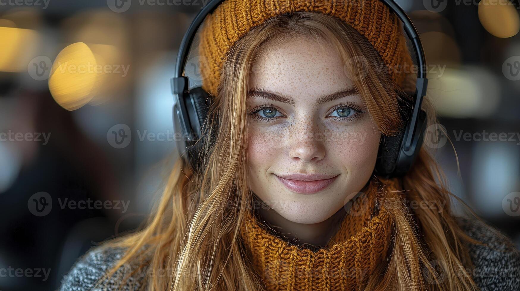 A woman wearing headphones and a scarf photo