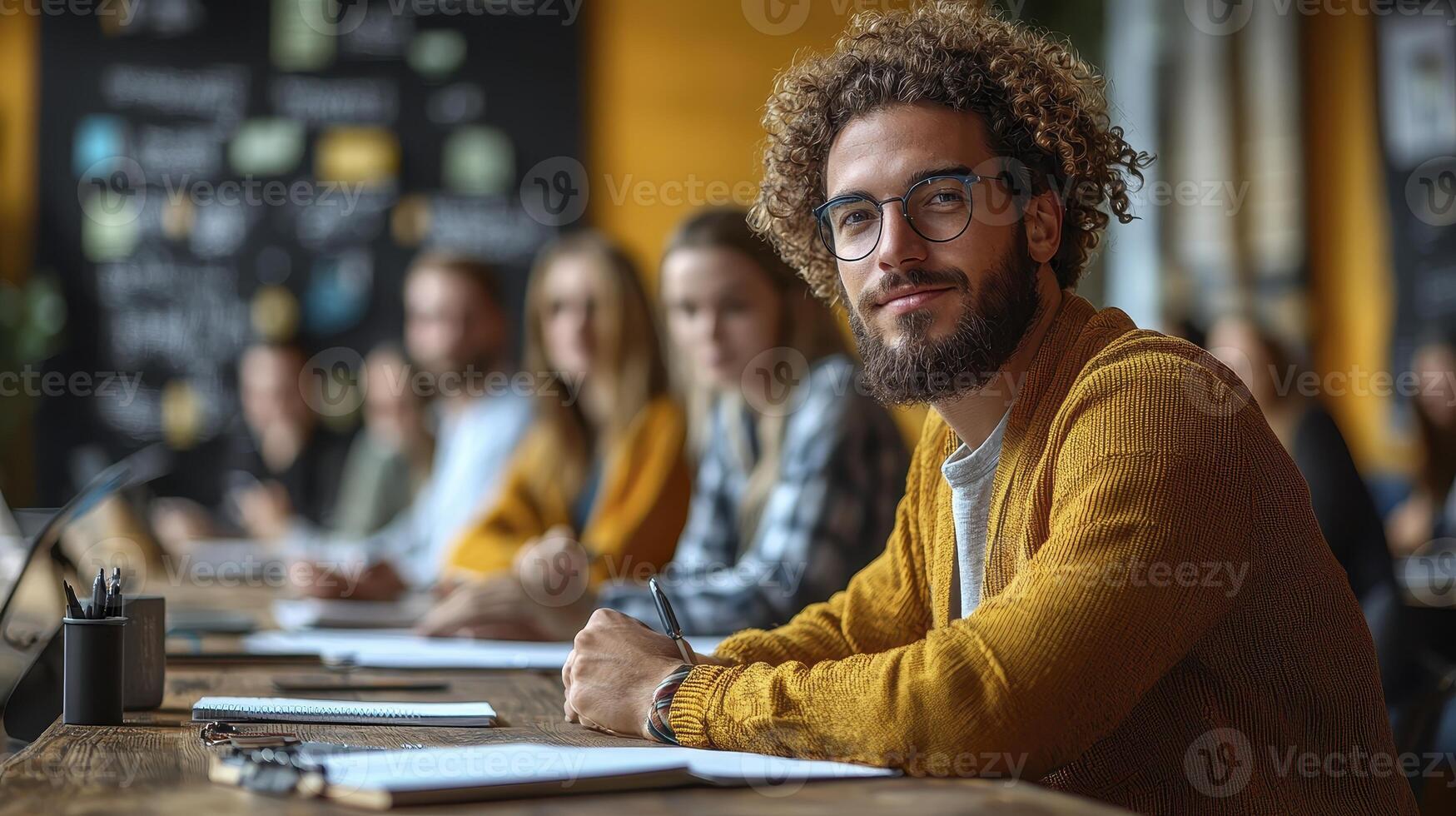 A man with curly hair sitting at a table with other people photo