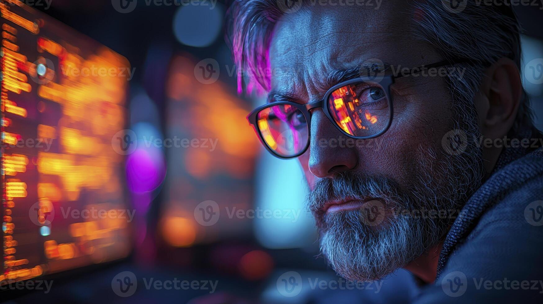 A man with glasses and a beard looking at a computer screen photo