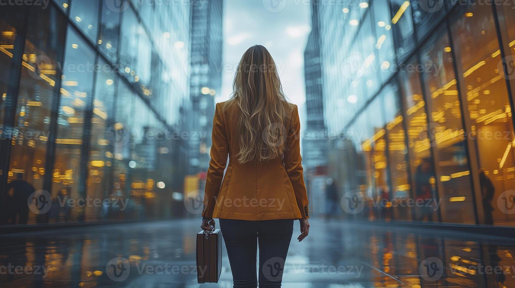 A woman walking through an urban area with a briefcase photo