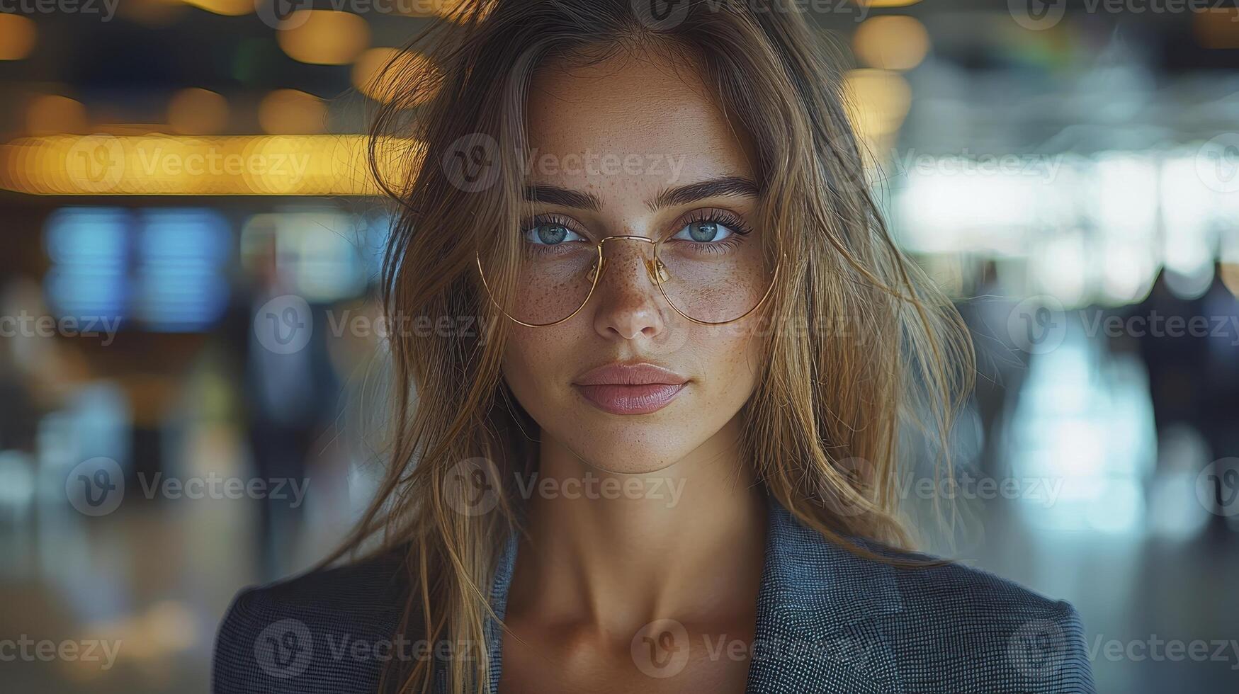 A woman with glasses in an airport photo