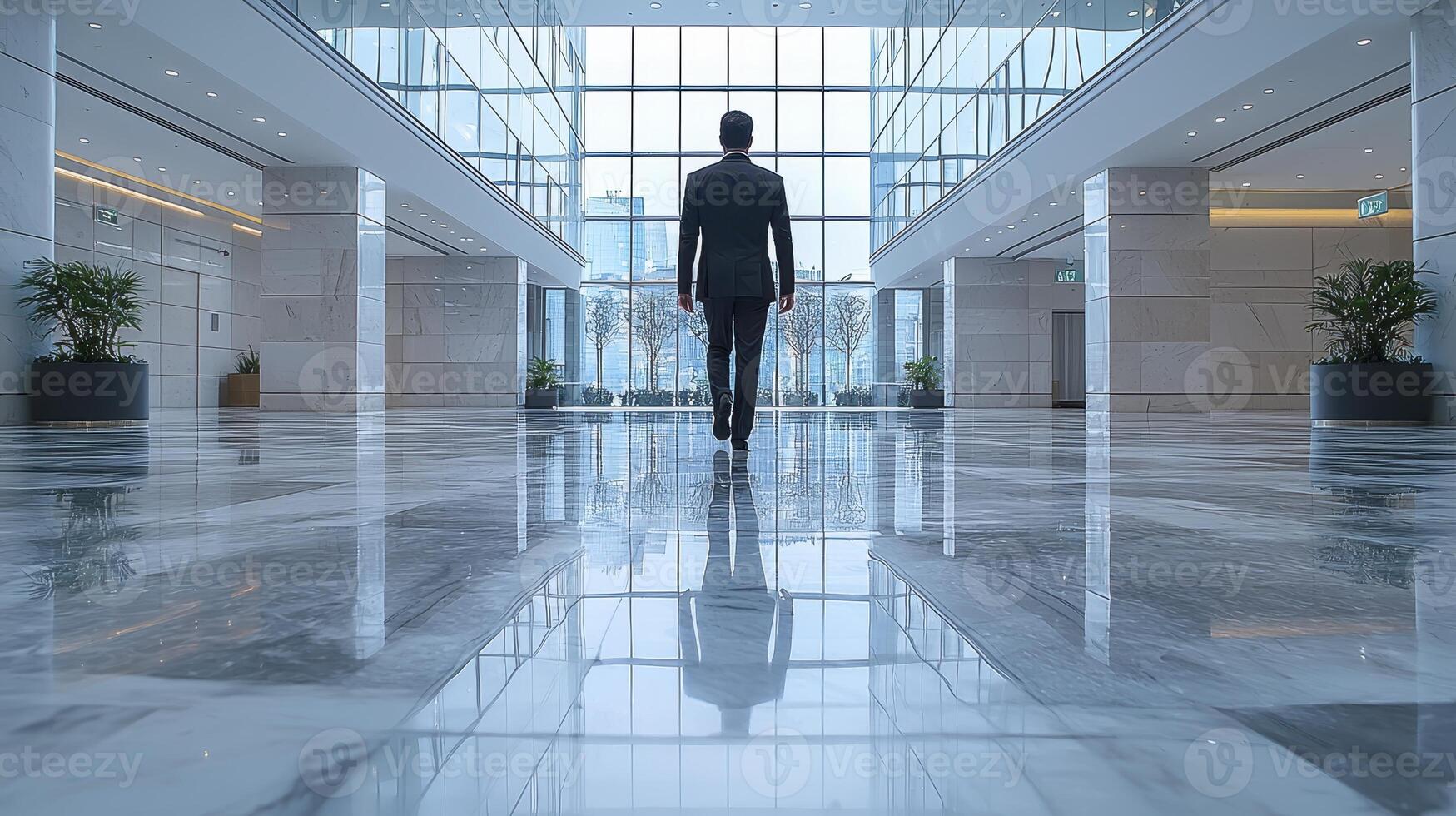 A person walking through a large lobby photo