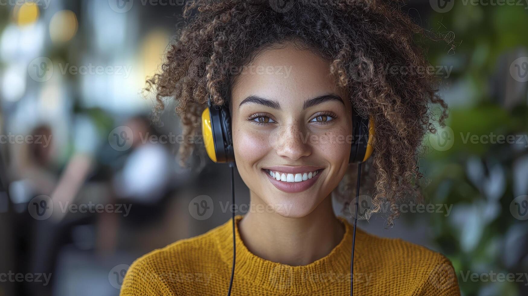 A woman with headphones smiling photo