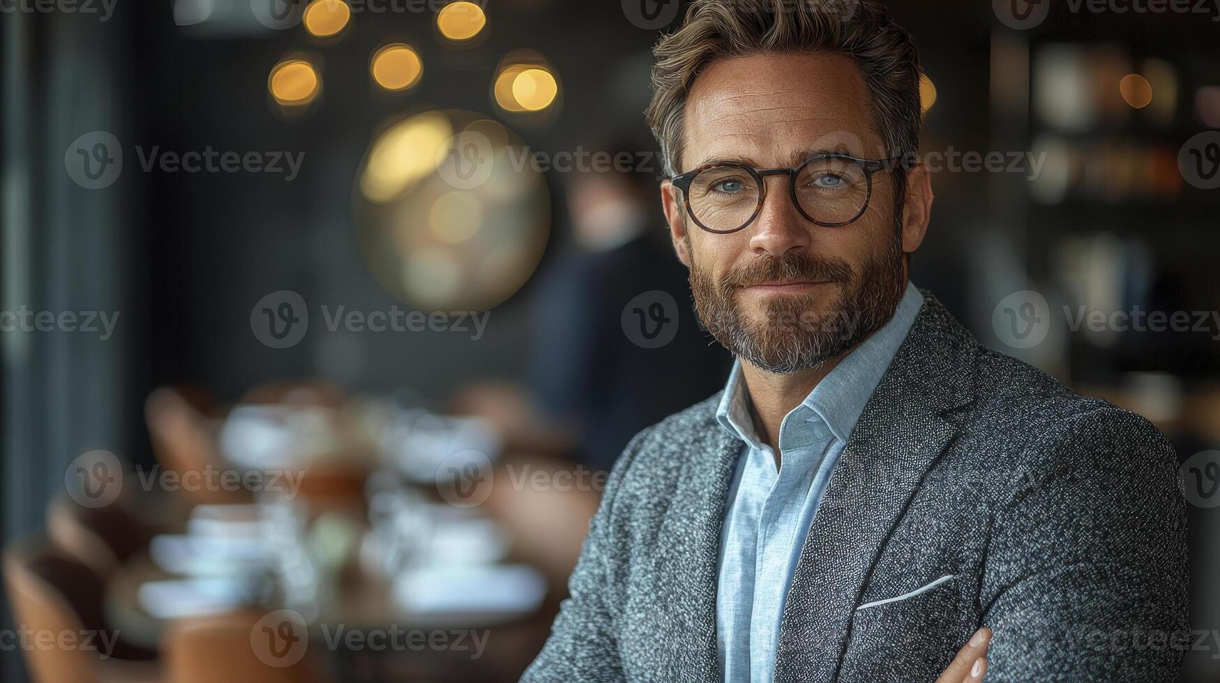 A man with glasses and a beard standing in a restaurant photo
