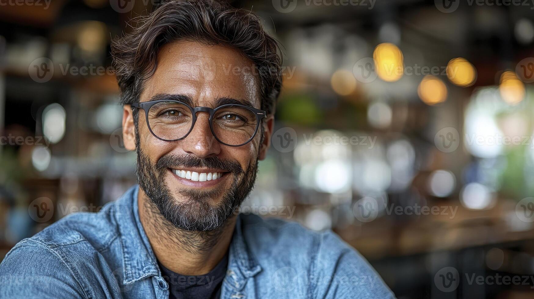 A man with glasses and a beard smiles photo