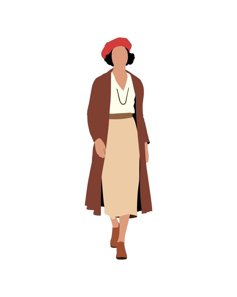 Flat art people and illustration, stylish woman in a long coat, beret, and dress, walking forward in art vector