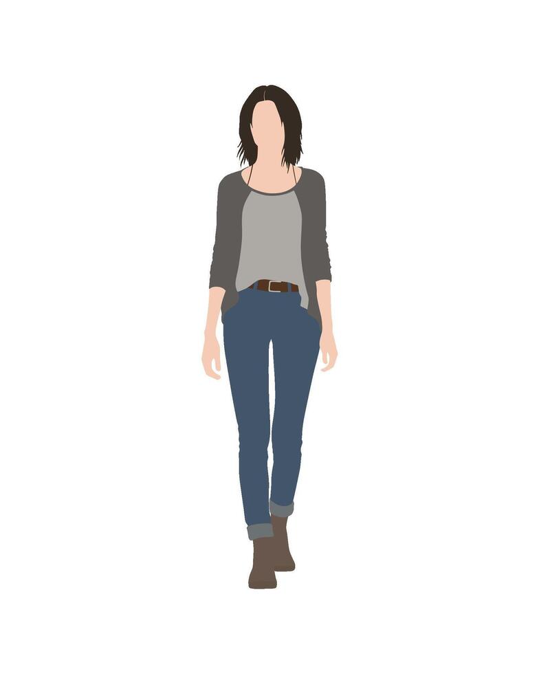 Flat art people and illustration, woman in jeans and a jacket walking confidently in a modern style vector