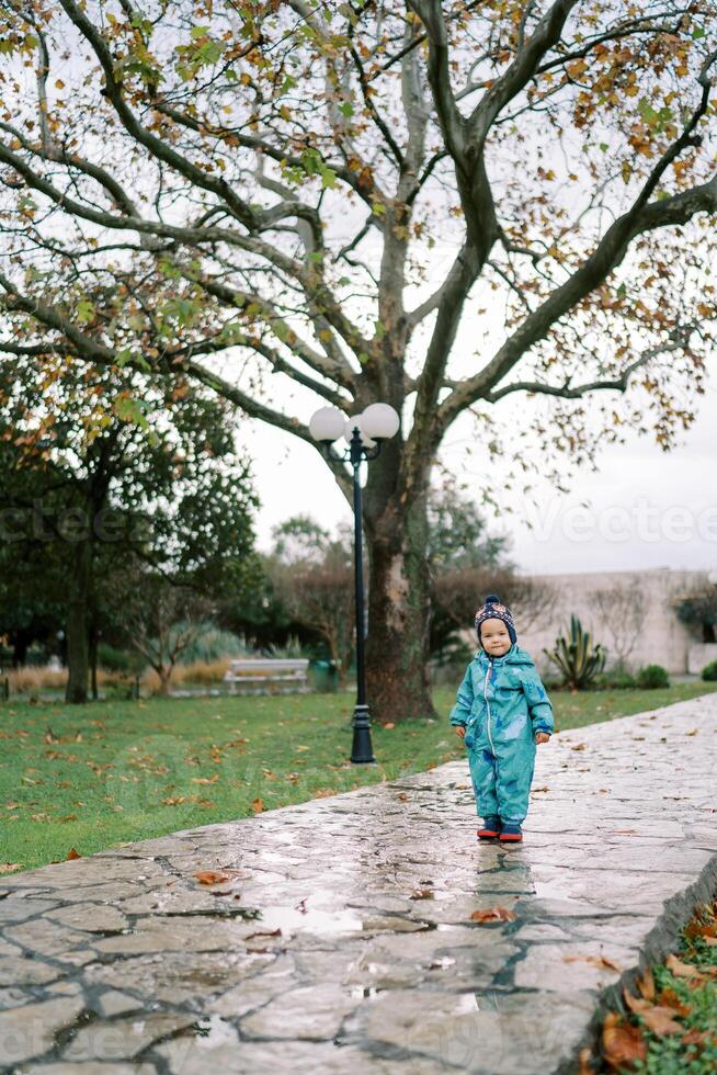 Little girl in overalls stands on a wet paved path in the park photo
