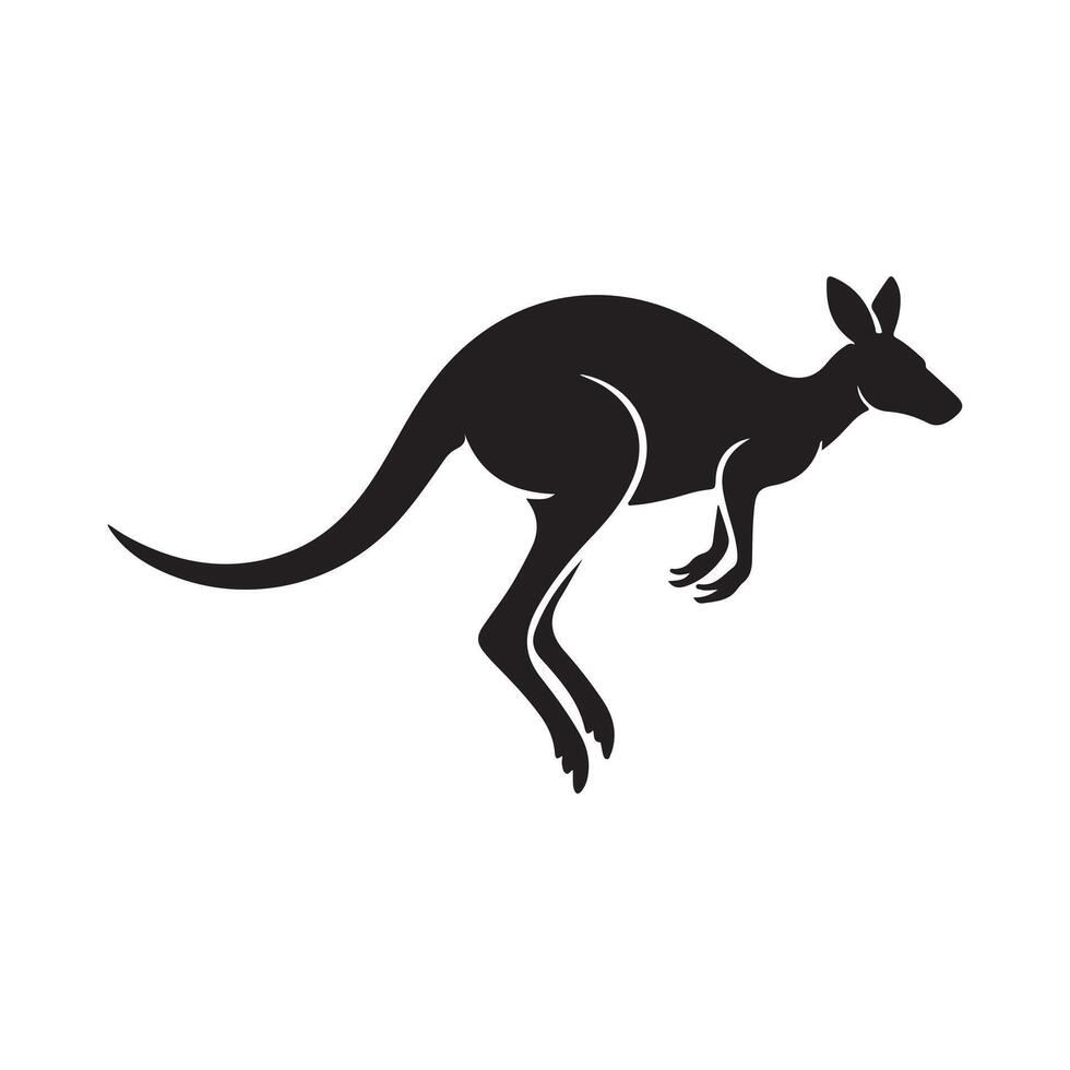 A bold black silhouette of a kangaroo mid-jump, set against a pure white background capturing motion, balance, and the spirit of the wild outback. vector