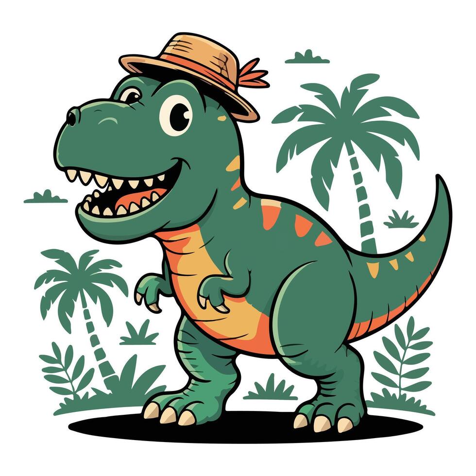 A cheerful cartoon dinosaur with big eyes and a goofy grin, popping against a bright white background perfectly fun and full of prehistoric charm. vector