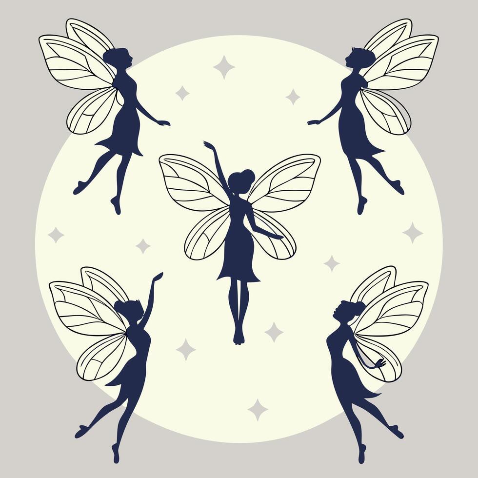fairy silhouettes with wings and moon in the background vector