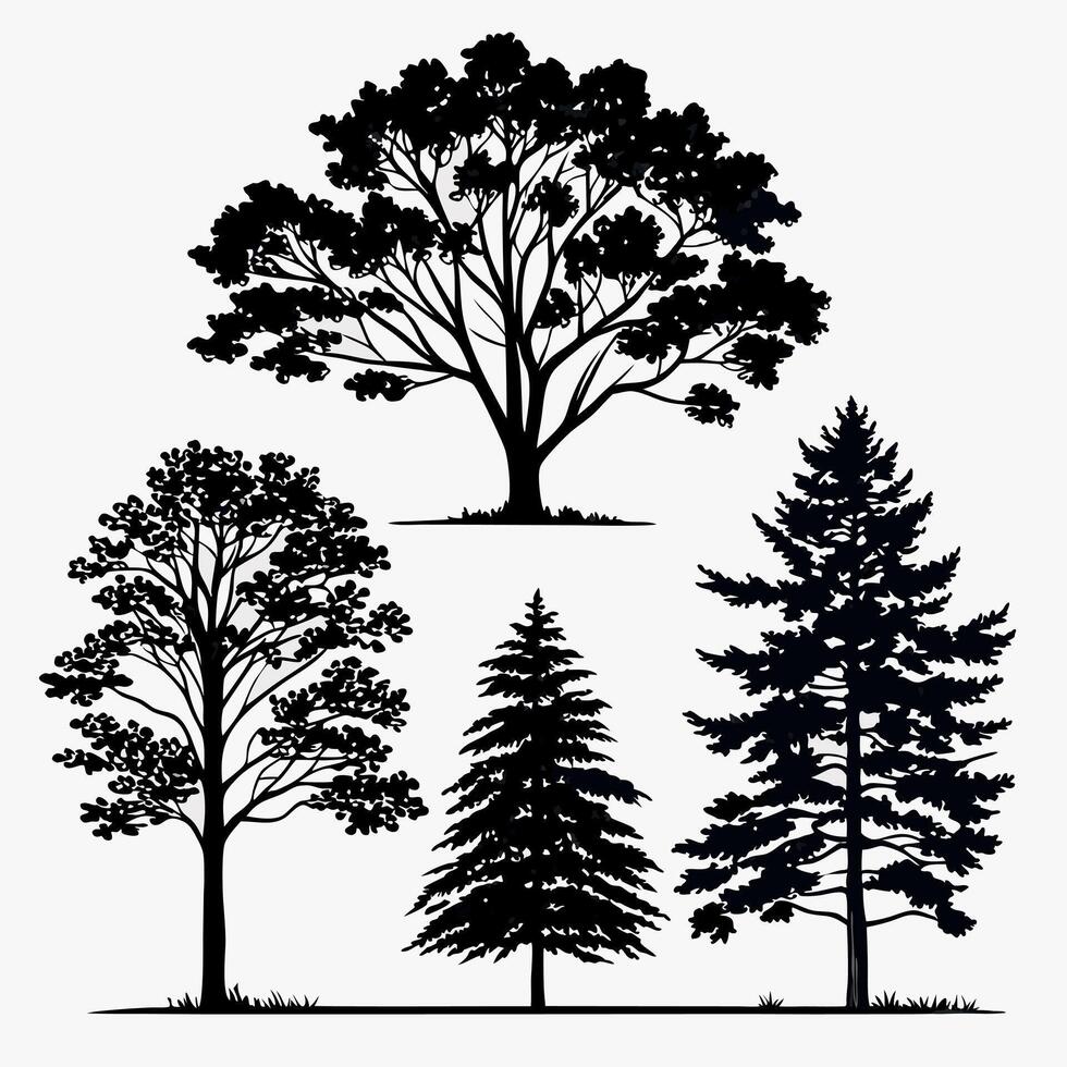 four trees silhouettes in black and white vector