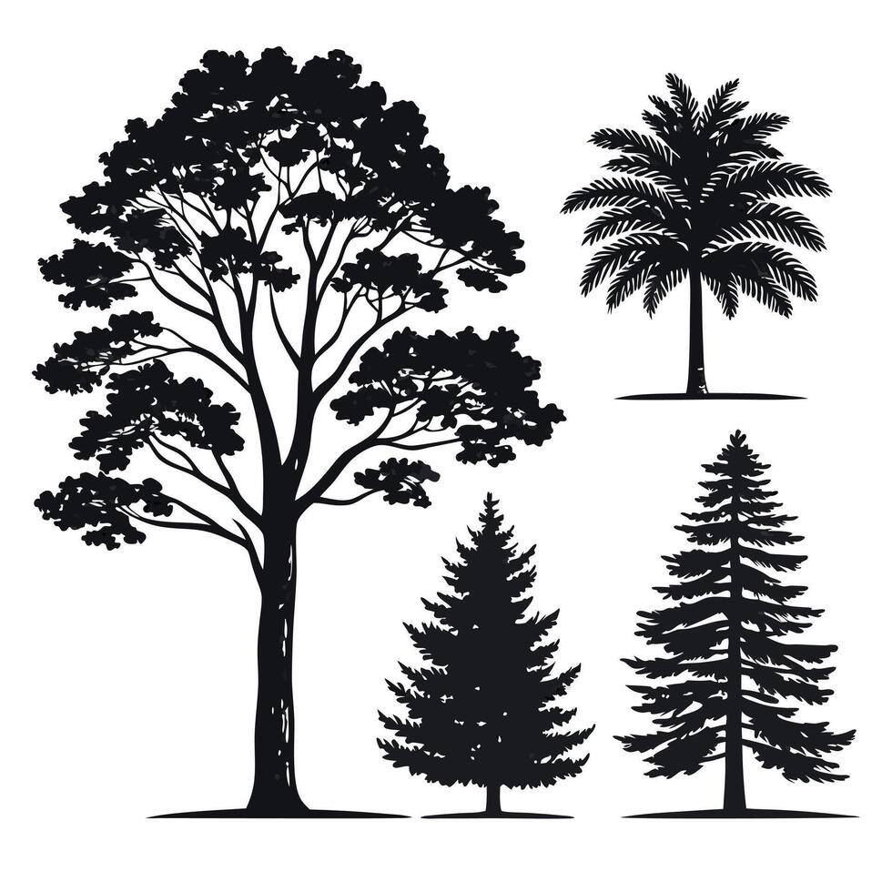 four different trees in black and white vector