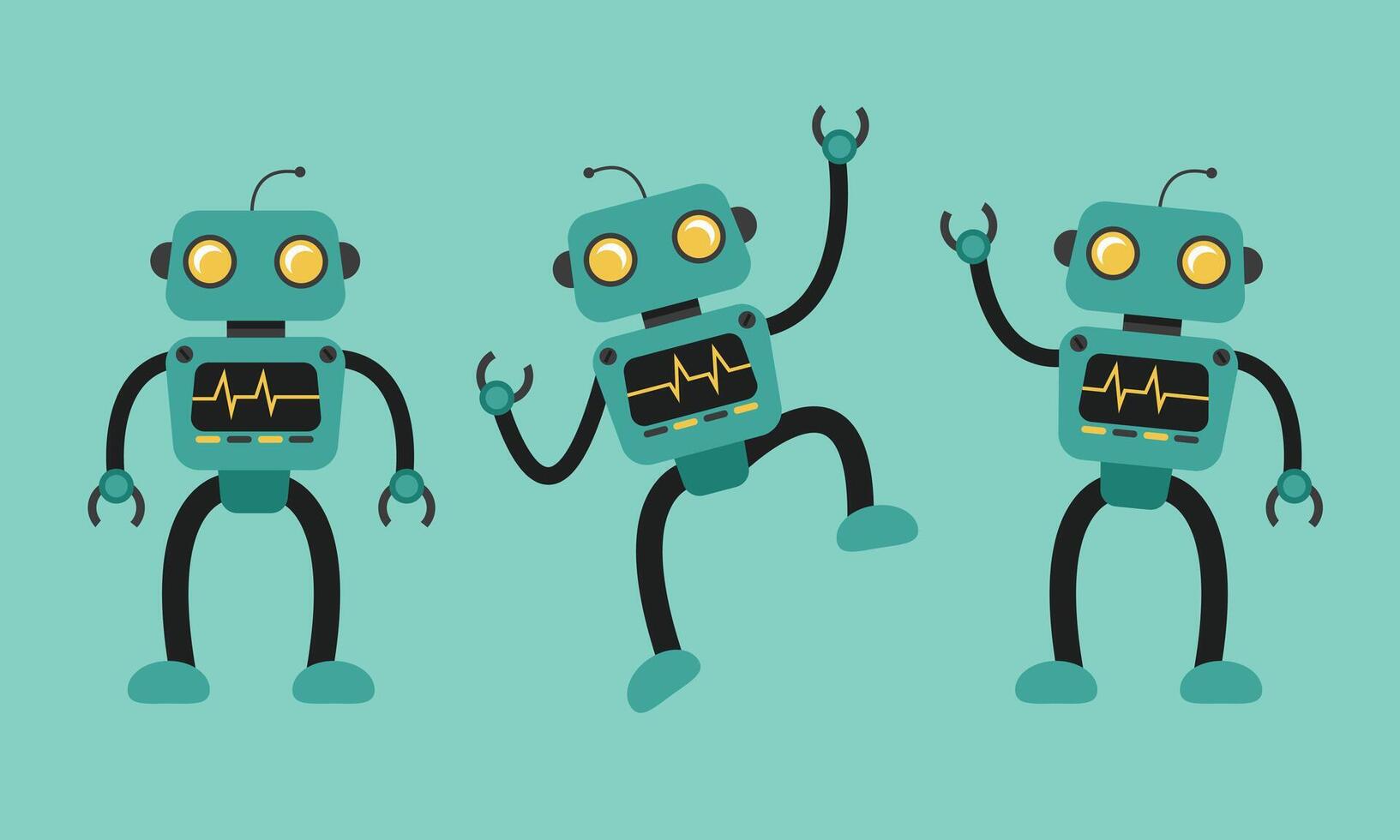 Cute cartoon robot illustration in multiple poses including basic standing, waving, and jumping. vector