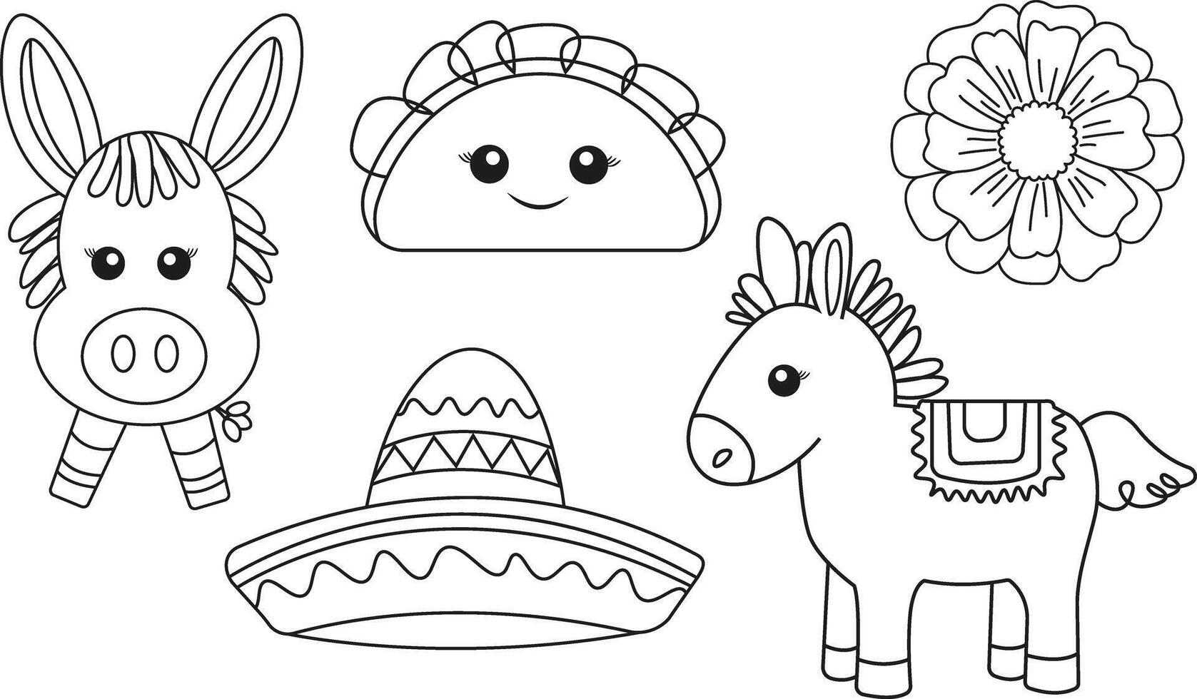 mexican fiesta cinco de mayo clip art set donkey pinata taco sombrero marigold flower outline drawings for kids isolated black lines illustrations for design vector