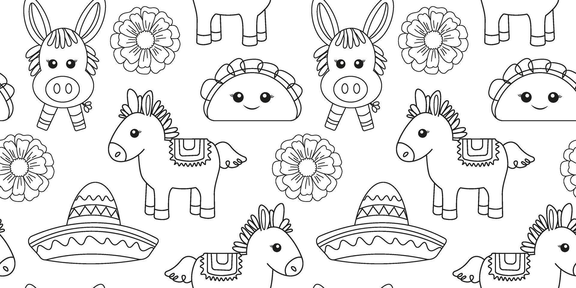seamless cinco de mayo pattern with donkey pinata taco sombrero and marigold flower festive mexican background for textile wrapping paper and kids coloring pages black line art vector