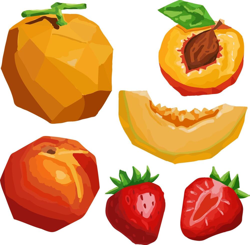 isolated objects, bright geometric fruits set, gouache style triangles, strawberries peaches melon, design decor colorful vector