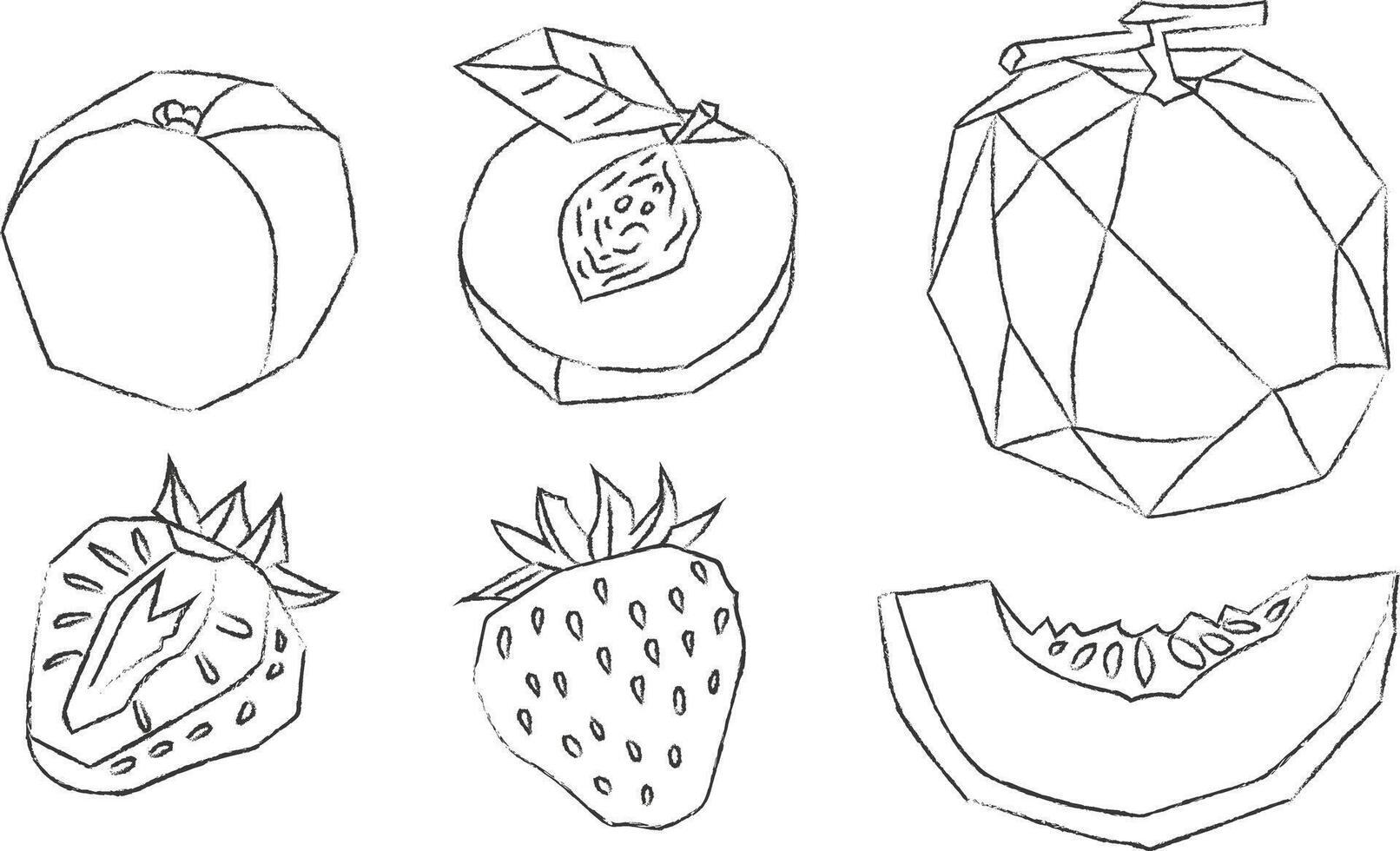 hand-drawn objects geometric summer fruits outlined with black outline, strawberries, peaches melons with linear polygon effect, modern minimalist line art cubism packaging design vector