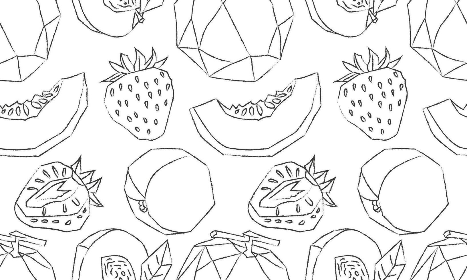 black line art fruit seamless pattern hand drawn geometric strawberries, melons and peaches isolated on white, trendy outline design for packaging or textiles vector