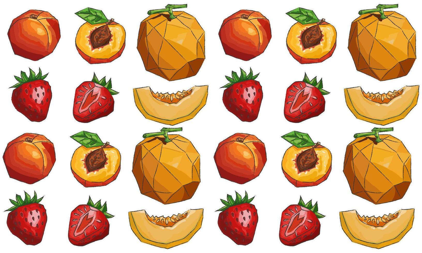 seamless pattern of summer fruits in gouache low poly triangle style bright peaches, strawberries, melons with cubism texture on white background vector