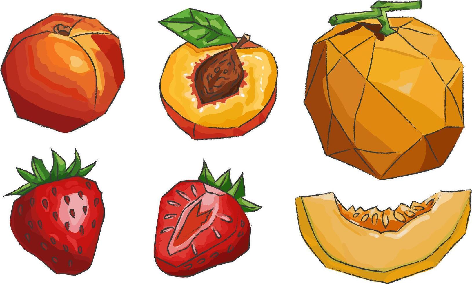 isolated gouache summer fruits set with peach, strawberry and melon cubism style, polygonal juicy food illustration white background for print and design vector