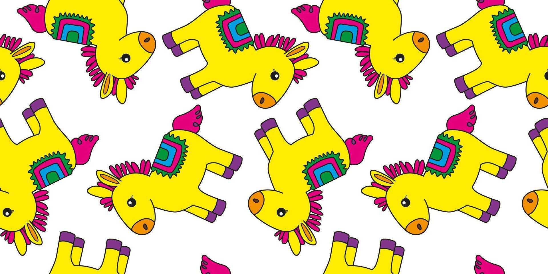 seamless festive Cinco de Mayo pattern with colorful cartoon drawn donkeys on white background, cute animal Mexican design for party, decor wrapping paper or textiles vector