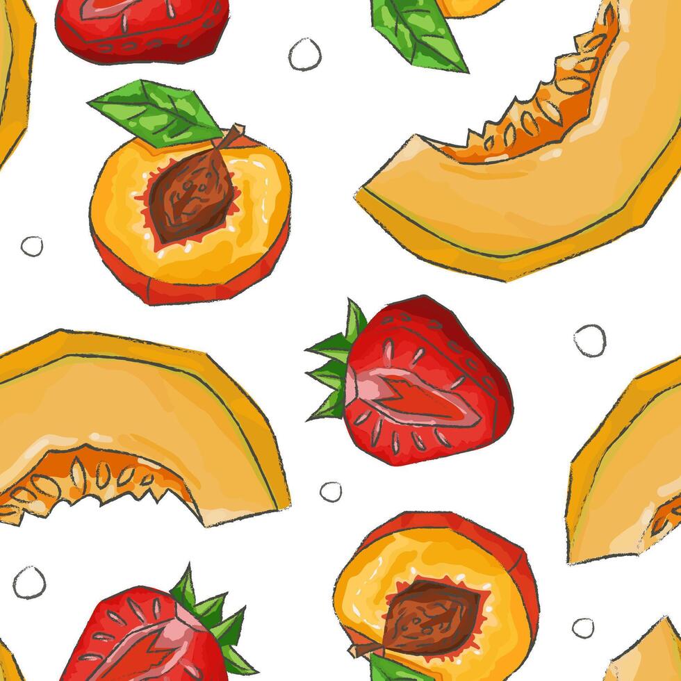 seamless fruit pattern with polka dots on white hand-painted gouache slices of peach, melon and strawberry in modern triangle cubism low poly style vector