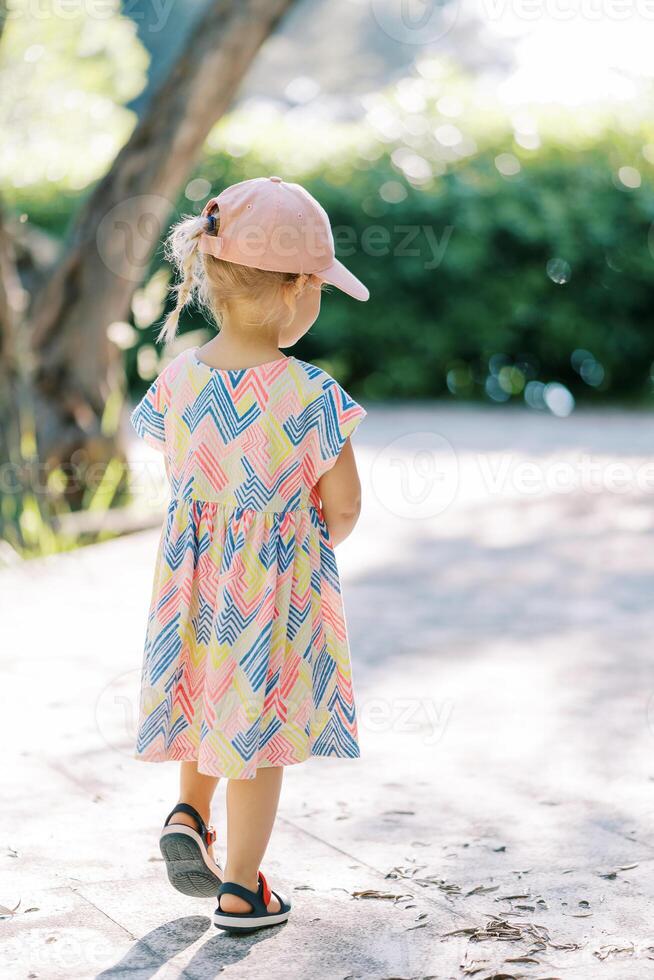 Little girl walks along a path in a sunny garden. Back view photo