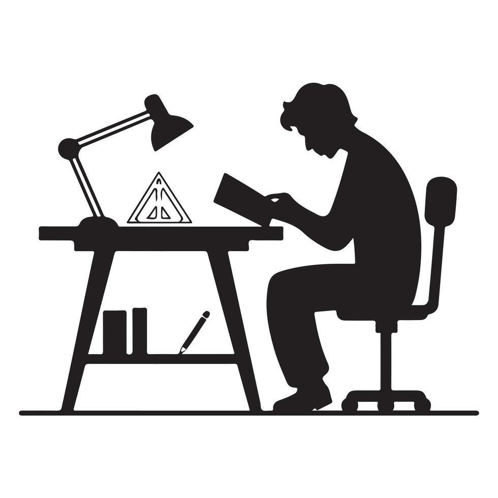 Black Silhouette of Reading Working Table with Animator and Architecture Elements on White Background vector