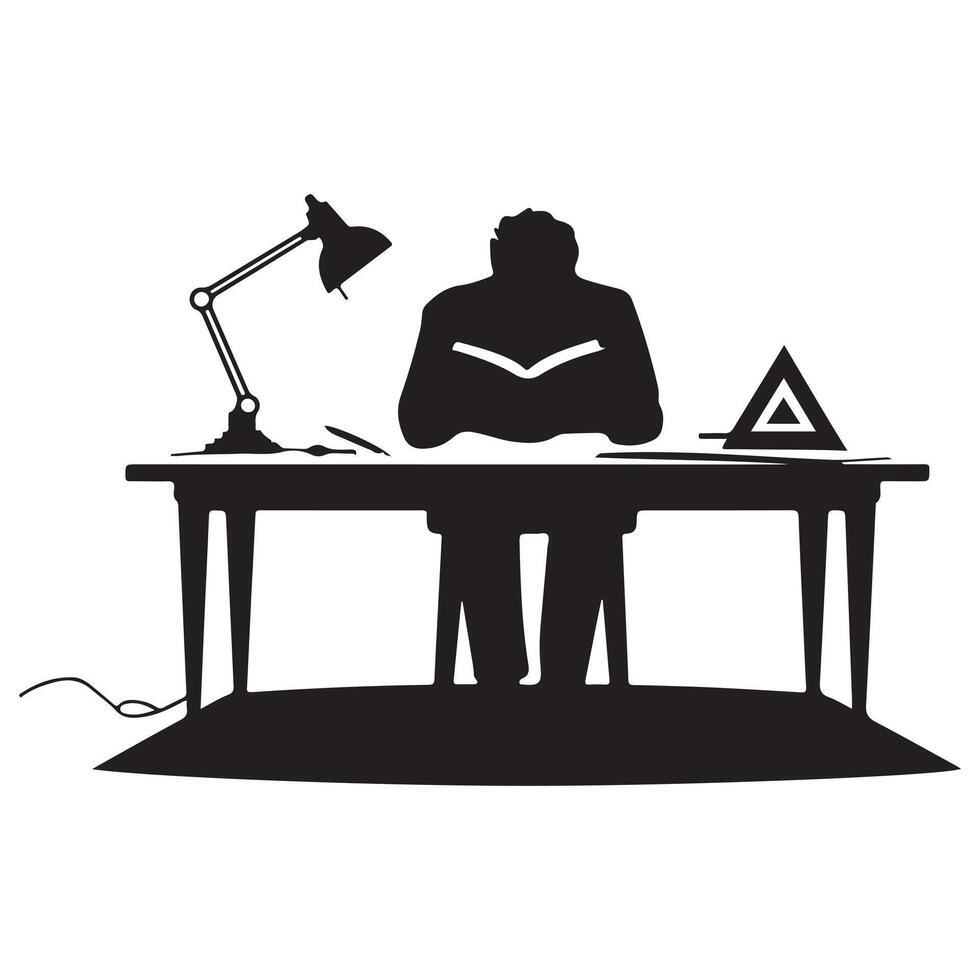Black Silhouette of Architect and Animator's Reading Table with Workspace on White Background vector
